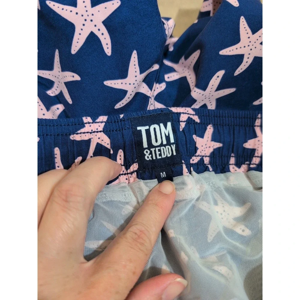 Tom & Teddy‎ Men's Medium Swim Trunks Purple With Pink Starfish Lined, Pockets
